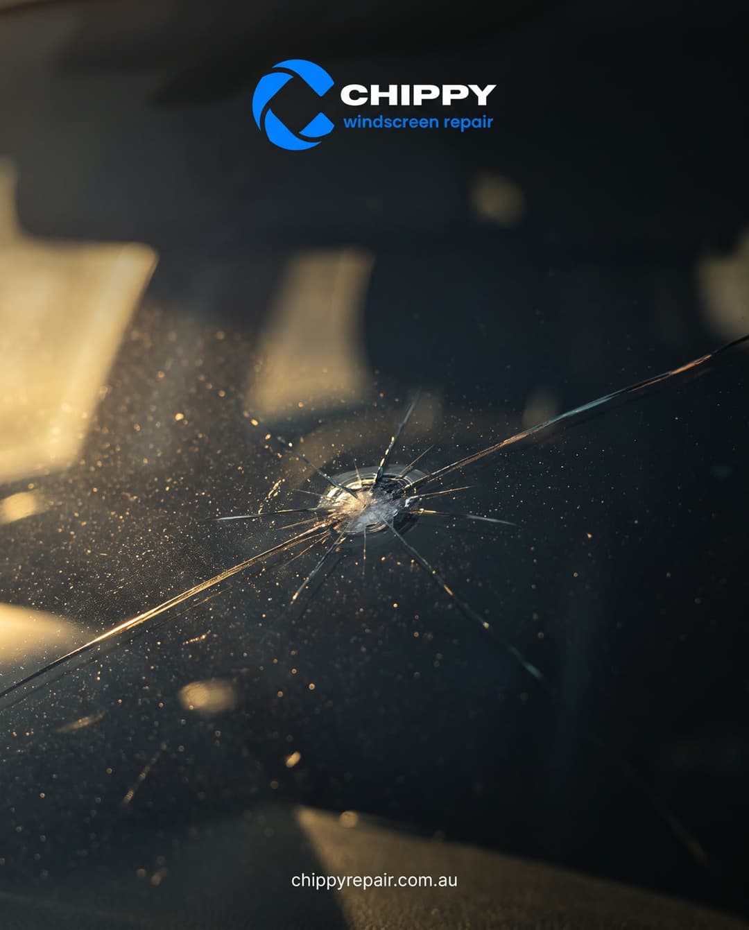 Stone chip with cracks starting to spread across a windscreen — repairable damage